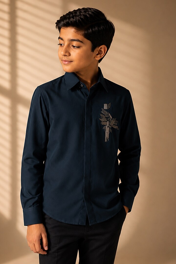 Turquoise Polynosic Motif Hand Embroidered Shirt by Amit Arora Kids at Pernia's Pop Up Shop