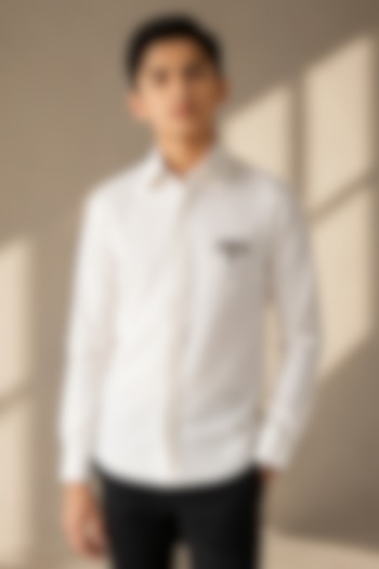 Ivory Crepe Motif Hand Embroidered Shirt For Boys by Amit Arora Kids at Pernia's Pop Up Shop