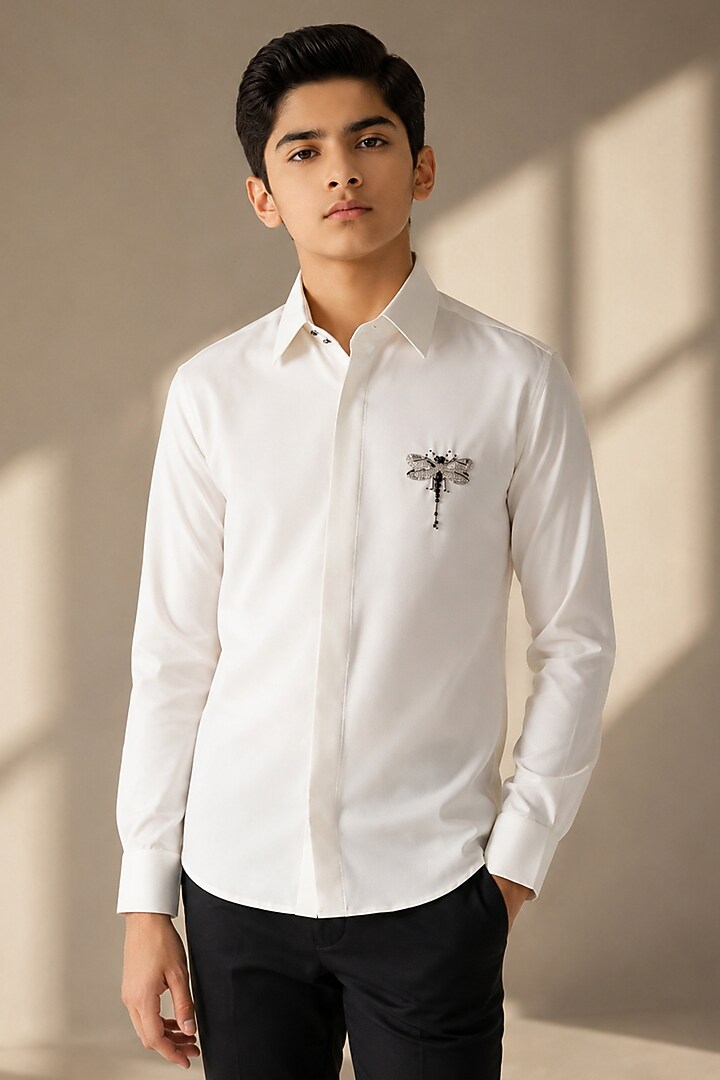 Ivory Crepe Motif Hand Embroidered Shirt For Boys by Amit Arora Kids at Pernia's Pop Up Shop