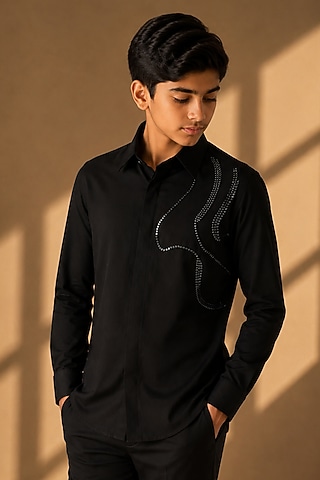Black Polynosic Metallic Hand Embroidered Shirt by Amit Arora Kids