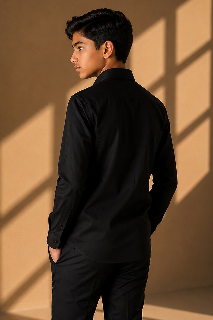 Black Polynosic Metallic Hand Embroidered Shirt by Amit Arora Kids at Pernia's Pop Up Shop