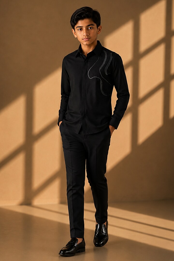 Black Polynosic Metallic Hand Embroidered Shirt by Amit Arora Kids at Pernia's Pop Up Shop