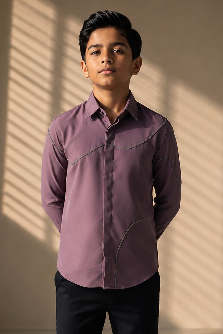 Mauve Polynosic Metallic Hand Embroidered Shirt by Amit Arora Kids at Pernia's Pop Up Shop