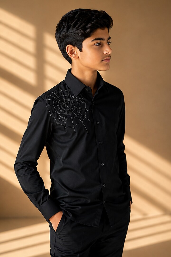 Black Polynosic Hand Embroidered Shirt For Boys by Amit Arora Kids at Pernia's Pop Up Shop