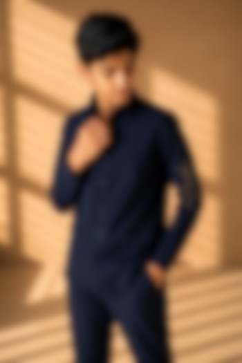 Navy Blue Polynosic Motif Hand Embroidered Shirt For Boys by Amit Arora Kids at Pernia's Pop Up Shop