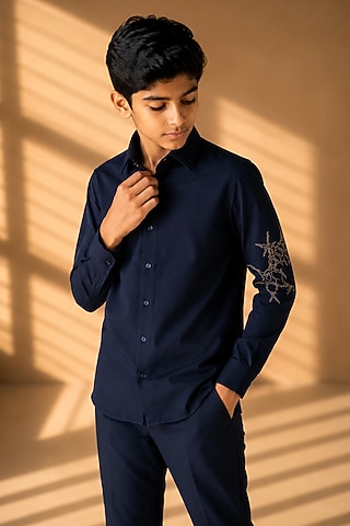 Navy Blue Polynosic Motif Hand Embroidered Shirt For Boys by Amit Arora Kids