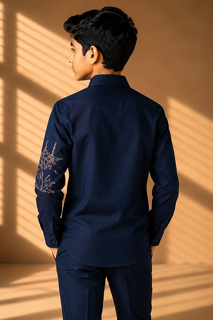 Navy Blue Polynosic Motif Hand Embroidered Shirt For Boys by Amit Arora Kids at Pernia's Pop Up Shop