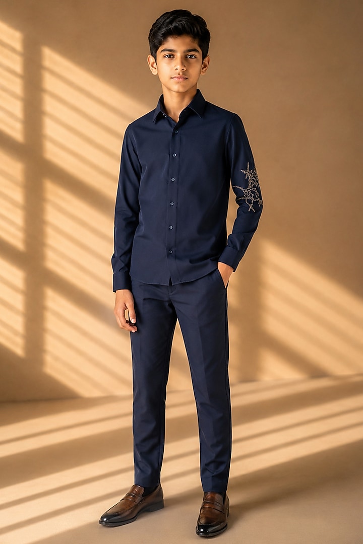 Navy Blue Polynosic Motif Hand Embroidered Shirt For Boys by Amit Arora Kids at Pernia's Pop Up Shop