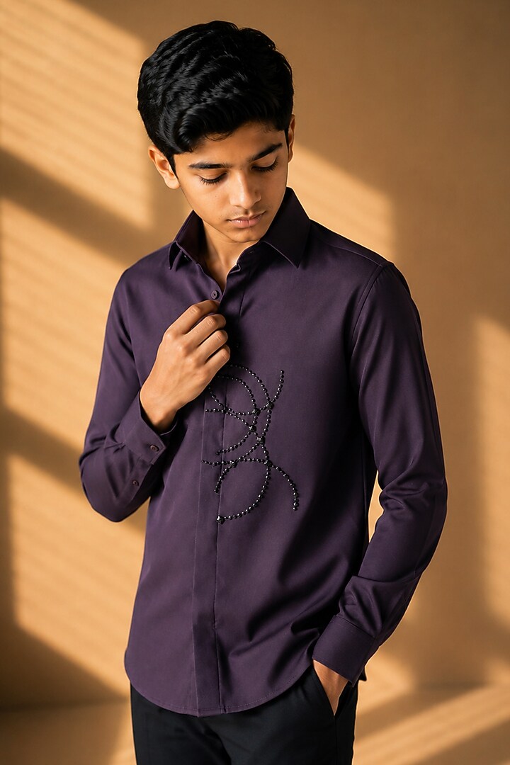 Purple Polynosic Motif Hand Embroidered Shirt For Boys by Amit Arora Kids at Pernia's Pop Up Shop