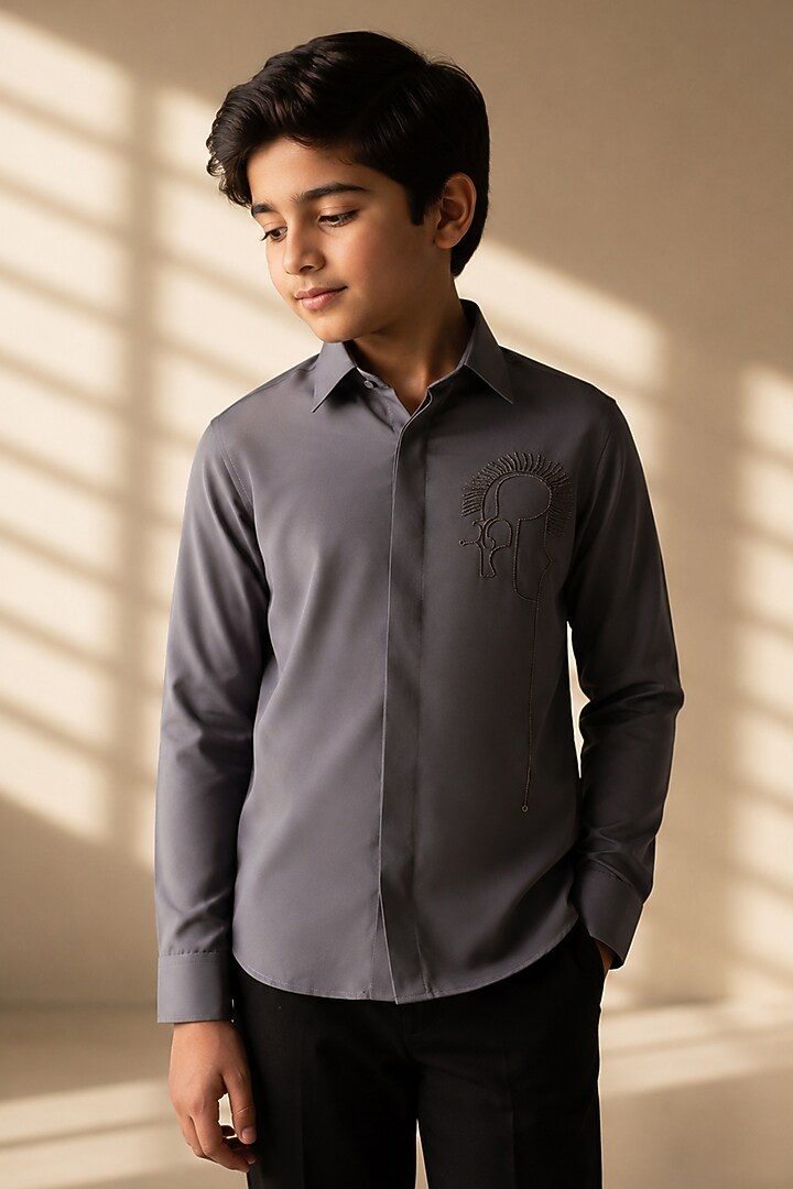 Grey Polynosic Motif Hand Embroidered Shirt For Boys by Amit Arora Kids at Pernia's Pop Up Shop