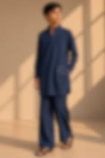 Navy Blue Crepe Thread Embroidered Co-Ord Set For Boys by Amit Arora Kids at Pernia's Pop Up Shop