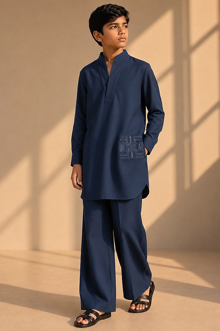 Navy Blue Crepe Thread Embroidered Co-Ord Set For Boys by Amit Arora Kids at Pernia's Pop Up Shop