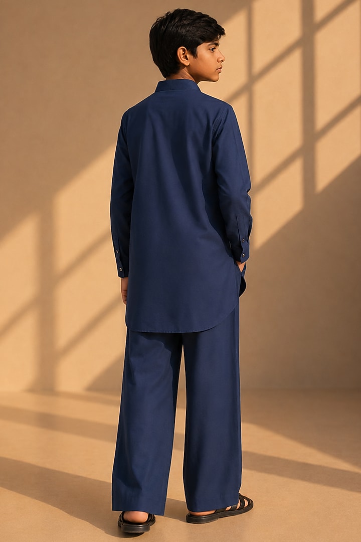 Navy Blue Crepe Thread Embroidered Co-Ord Set For Boys by Amit Arora Kids at Pernia's Pop Up Shop