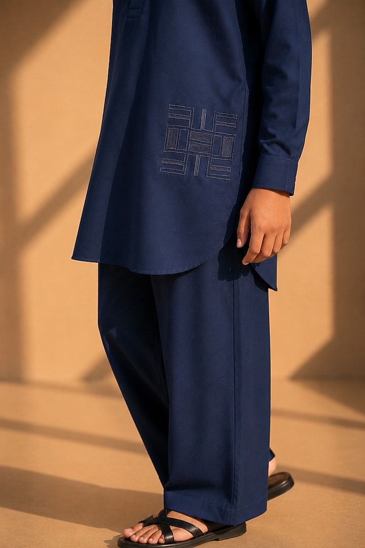 Navy Blue Crepe Thread Embroidered Co-Ord Set For Boys by Amit Arora Kids at Pernia's Pop Up Shop