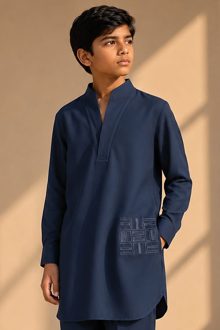 Navy Blue Crepe Thread Embroidered Co-Ord Set For Boys by Amit Arora Kids at Pernia's Pop Up Shop