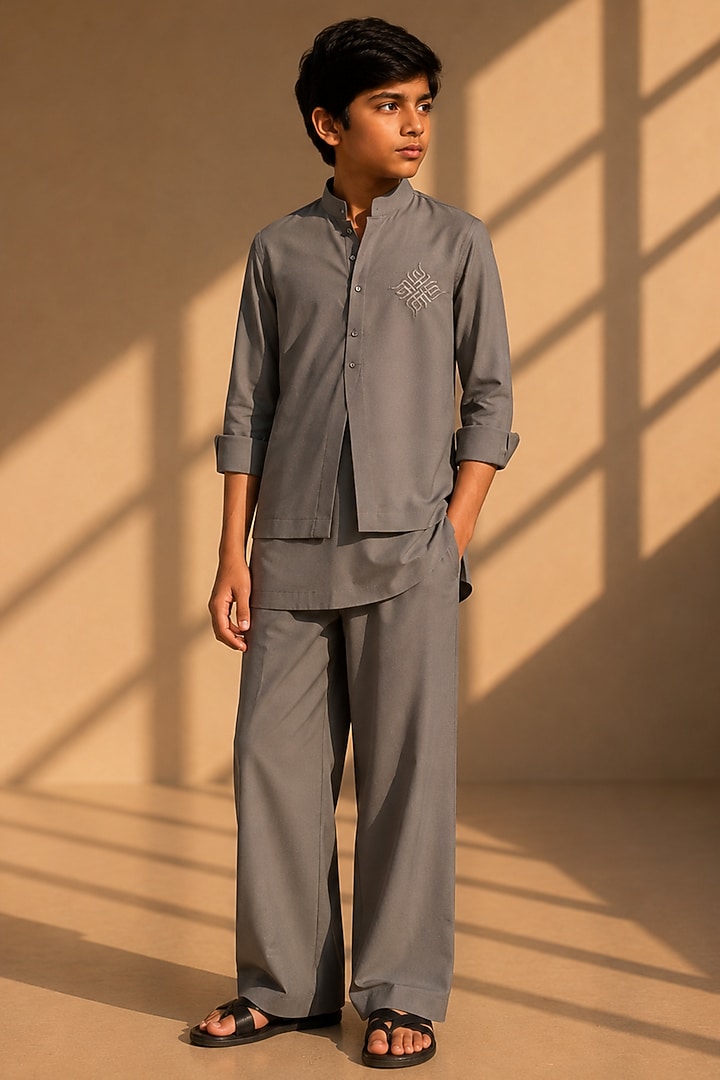 Mouse-Colored Crepe Thread Embroidered Co-Ord Set For Boys by Amit Arora Kids at Pernia's Pop Up Shop