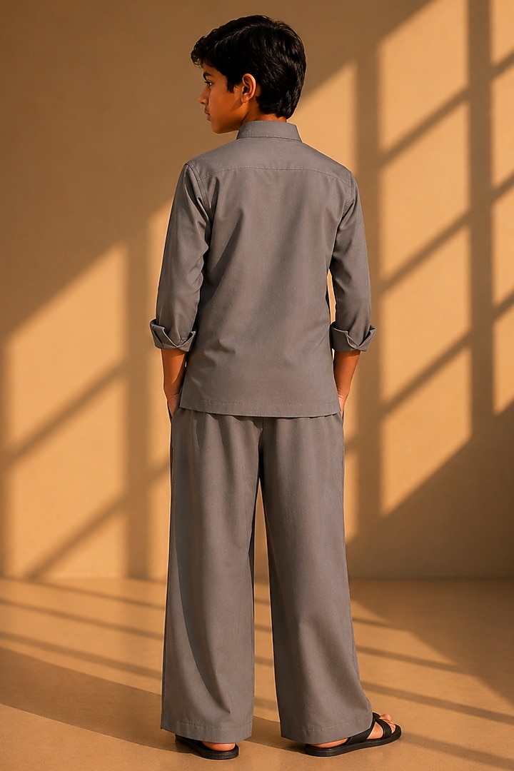Mouse-Colored Crepe Thread Embroidered Co-Ord Set For Boys by Amit Arora Kids at Pernia's Pop Up Shop