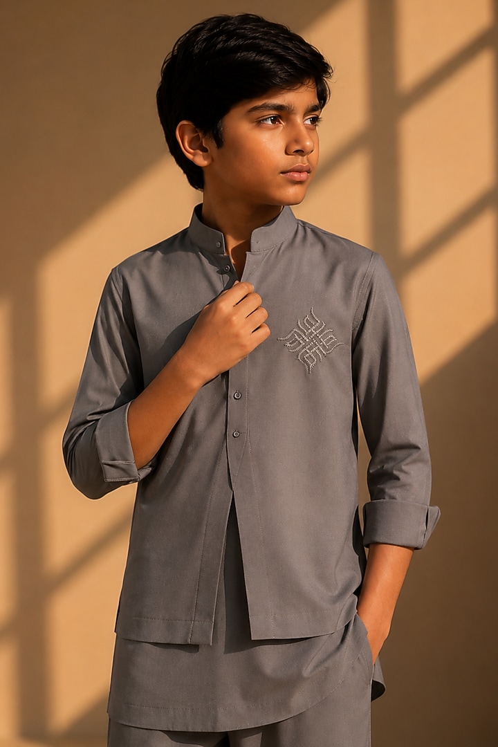 Mouse-Colored Crepe Thread Embroidered Co-Ord Set For Boys by Amit Arora Kids at Pernia's Pop Up Shop