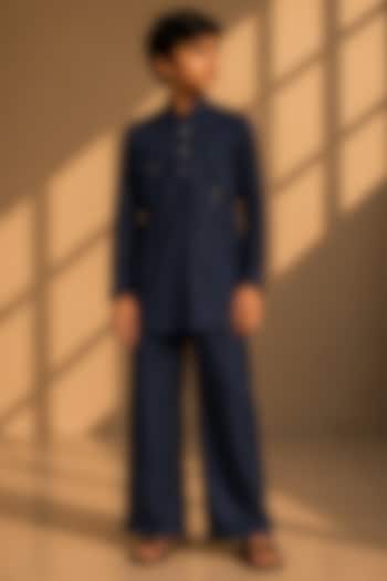 Navy Blue Linen Co-Ord Set For Boys by Amit Arora Kids at Pernia's Pop Up Shop