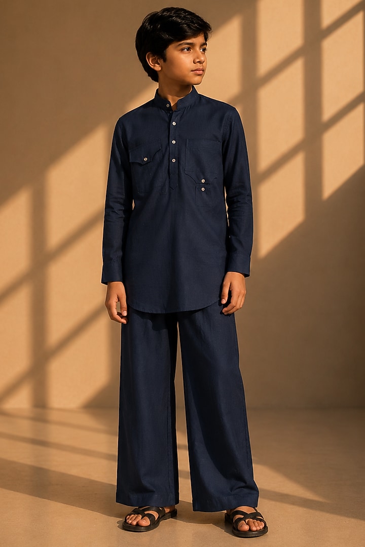 Navy Blue Linen Co-Ord Set For Boys by Amit Arora Kids at Pernia's Pop Up Shop