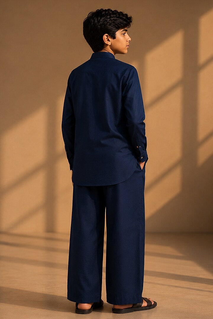 Navy Blue Linen Co-Ord Set For Boys by Amit Arora Kids at Pernia's Pop Up Shop