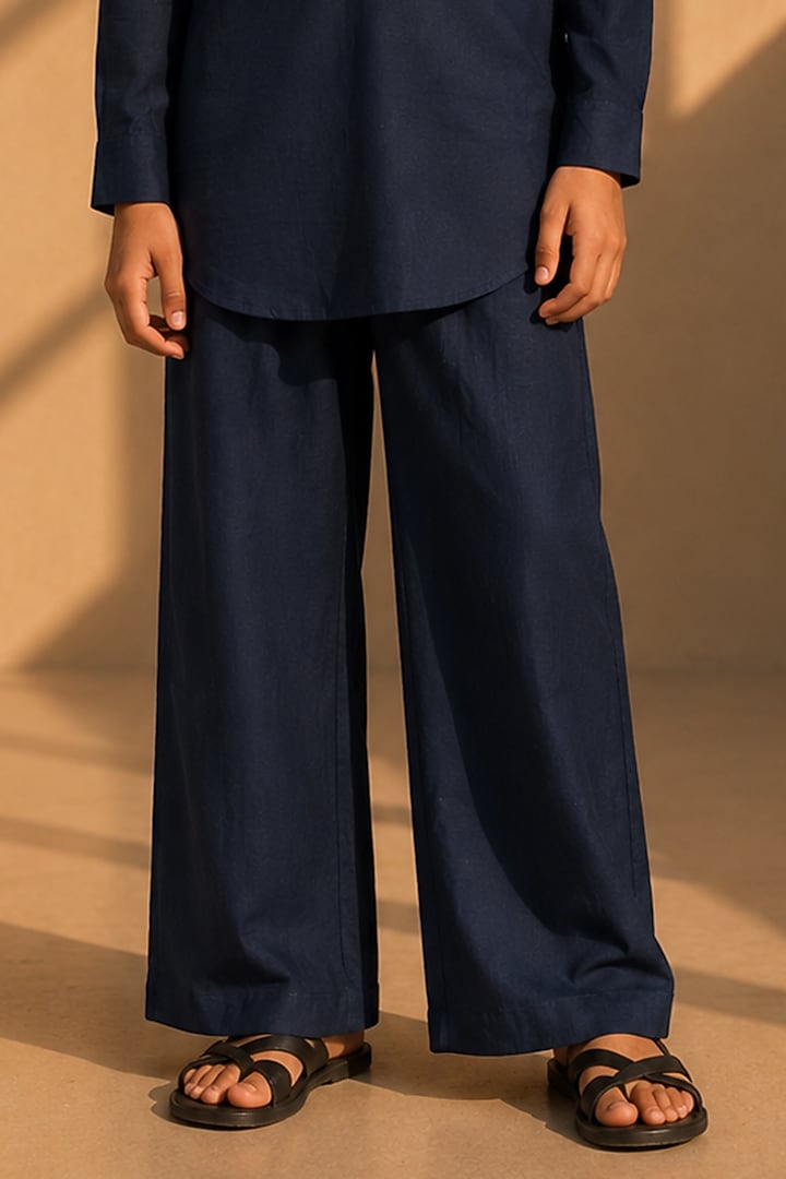 Navy Blue Linen Co-Ord Set For Boys by Amit Arora Kids at Pernia's Pop Up Shop