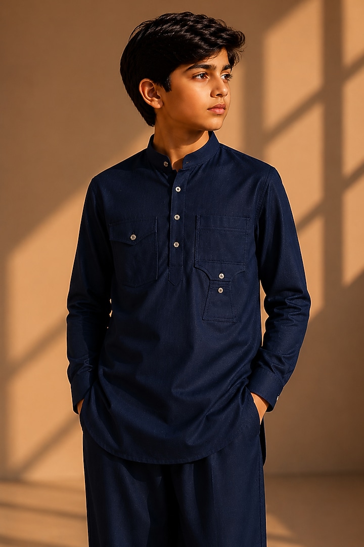 Navy Blue Linen Co-Ord Set For Boys by Amit Arora Kids at Pernia's Pop Up Shop