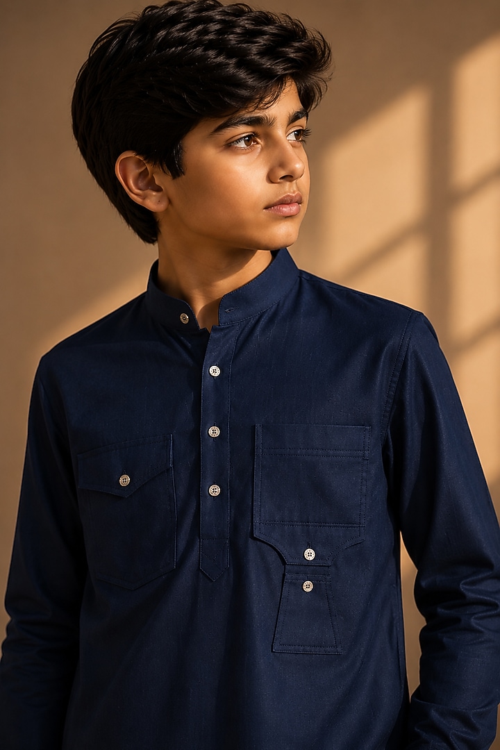 Navy Blue Linen Co-Ord Set For Boys by Amit Arora Kids at Pernia's Pop Up Shop