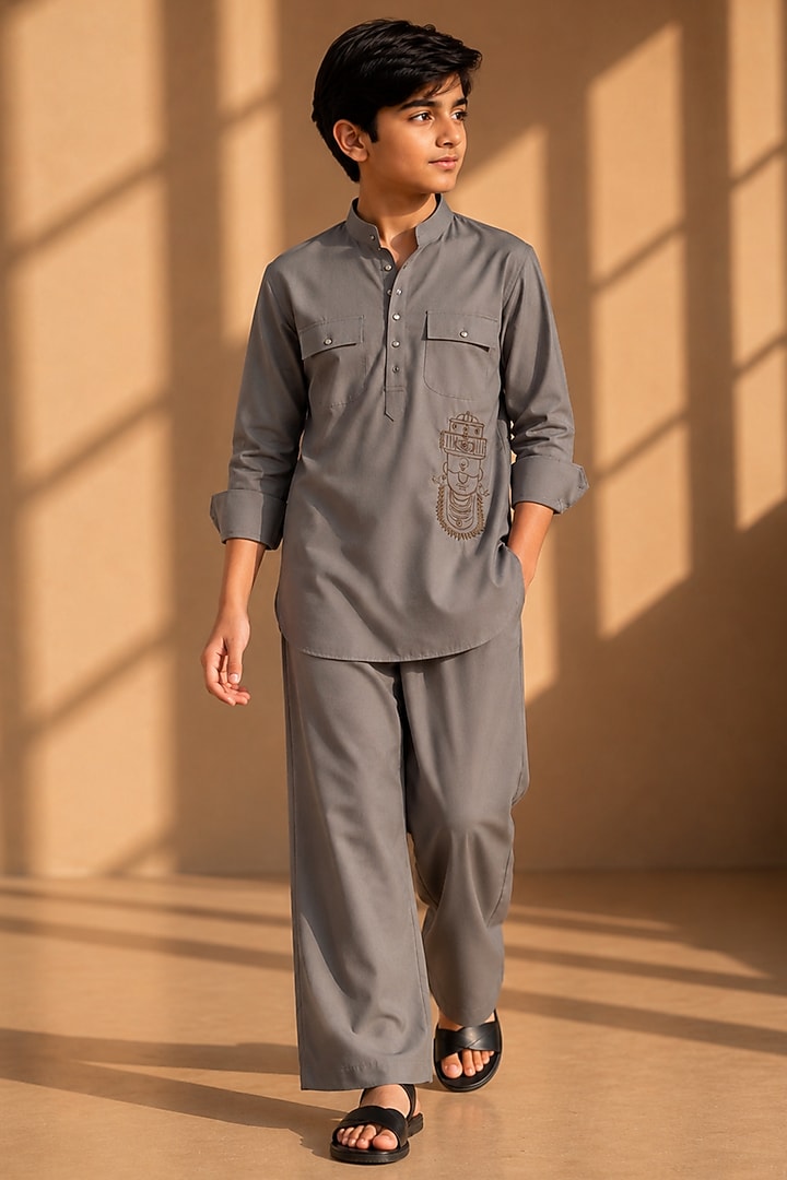 Mouse-Colored Crepe Thread Embroidered Co-Ord Set For Boys by Amit Arora Kids at Pernia's Pop Up Shop