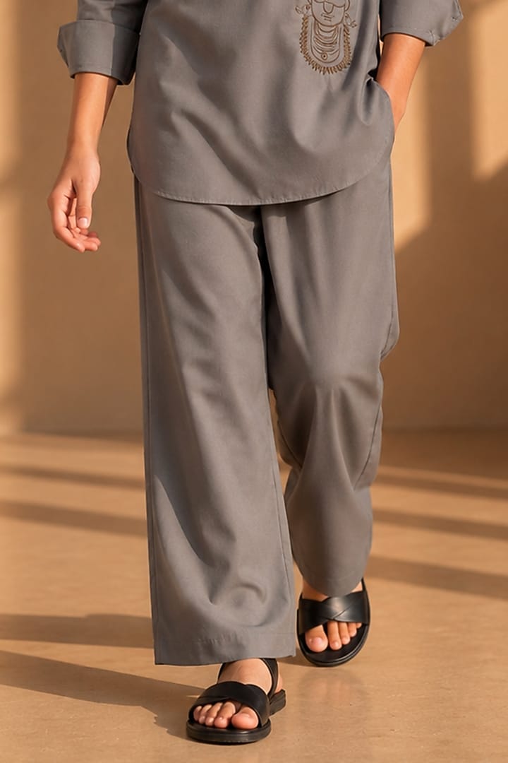 Mouse-Colored Crepe Thread Embroidered Co-Ord Set For Boys by Amit Arora Kids at Pernia's Pop Up Shop