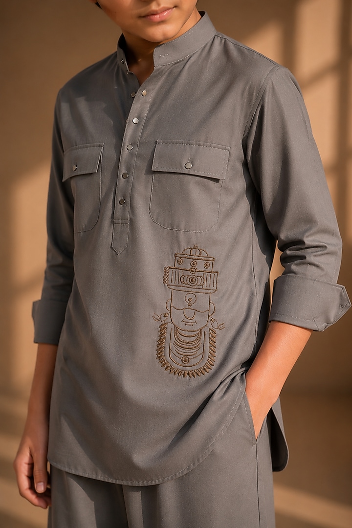 Mouse-Colored Crepe Thread Embroidered Co-Ord Set For Boys by Amit Arora Kids at Pernia's Pop Up Shop