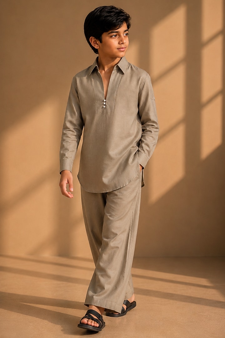 Olive Green Linen Co-Ord Set For Boys by Amit Arora Kids at Pernia's Pop Up Shop