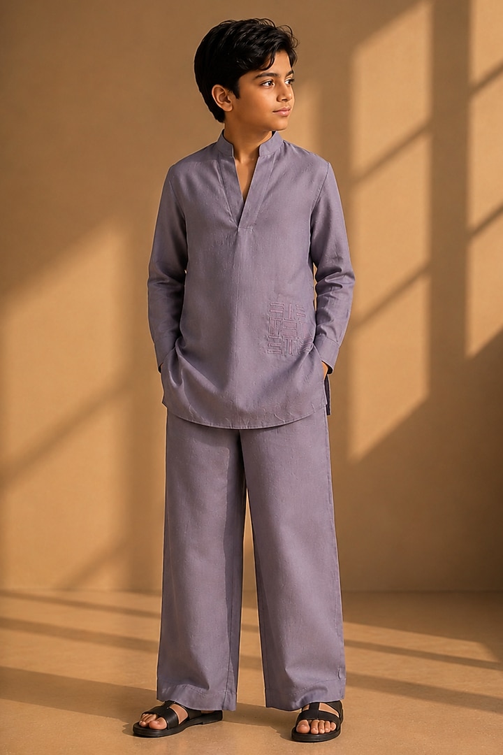 Mauve Linen Thread Embroidered Co-Ord Set For Boys by Amit Arora Kids at Pernia's Pop Up Shop