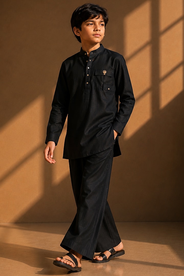 Black Linen Co-Ord Set For Boys by Amit Arora Kids at Pernia's Pop Up Shop