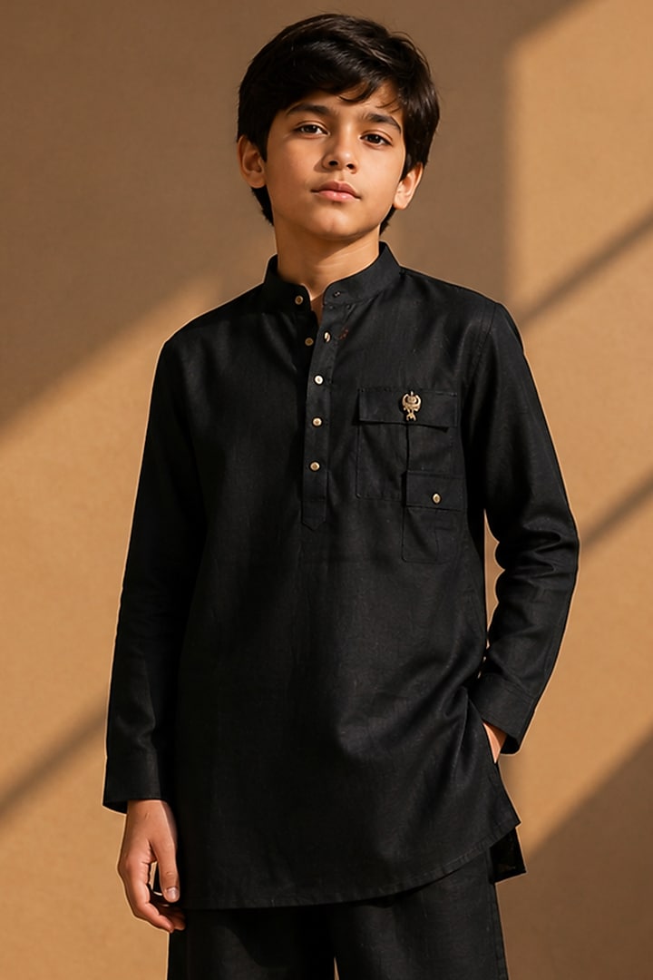 Black Linen Co-Ord Set For Boys by Amit Arora Kids at Pernia's Pop Up Shop