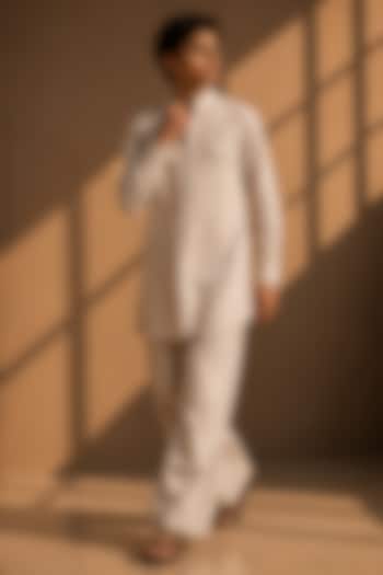Beige Linen Embroidered Co-Ord Set For Boys by Amit Arora Kids at Pernia's Pop Up Shop