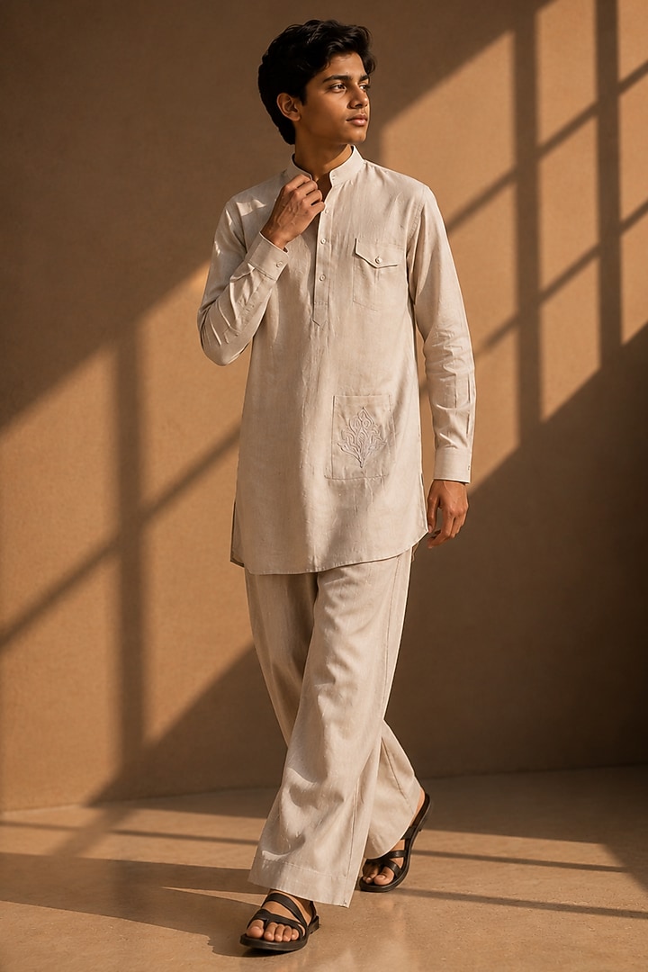 Beige Linen Embroidered Co-Ord Set For Boys by Amit Arora Kids at Pernia's Pop Up Shop