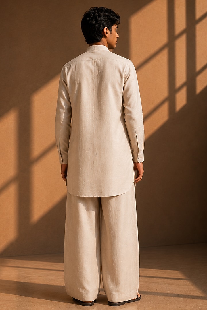 Beige Linen Embroidered Co-Ord Set For Boys by Amit Arora Kids at Pernia's Pop Up Shop