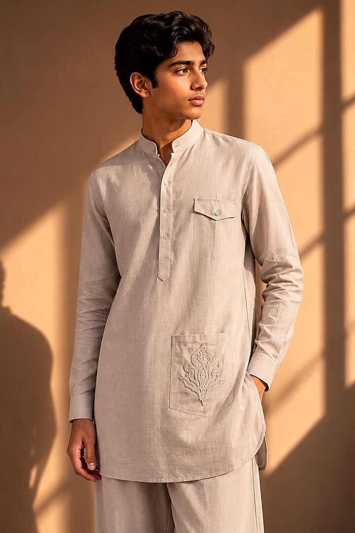 Beige Linen Embroidered Co-Ord Set For Boys by Amit Arora Kids at Pernia's Pop Up Shop