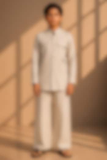 Beige Linen Embroidered Co-Ord Set For Boys by Amit Arora Kids at Pernia's Pop Up Shop