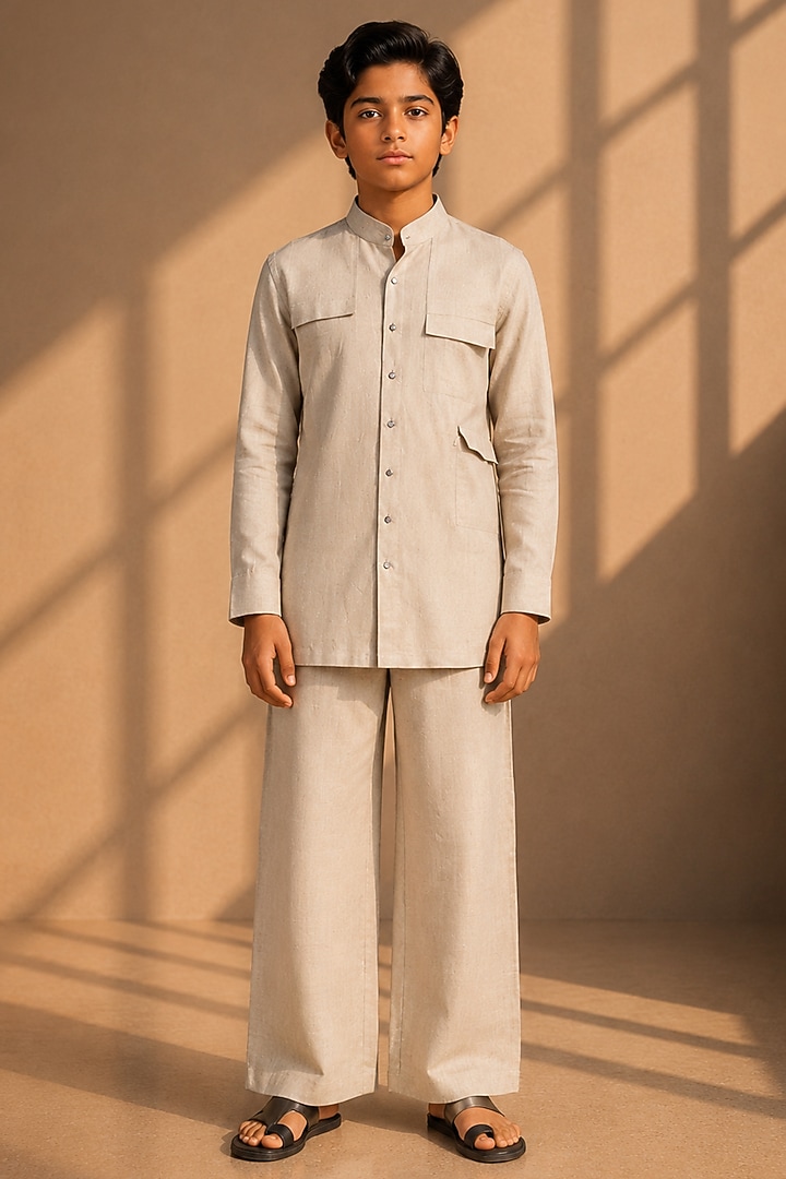 Beige Linen Embroidered Co-Ord Set For Boys by Amit Arora Kids at Pernia's Pop Up Shop