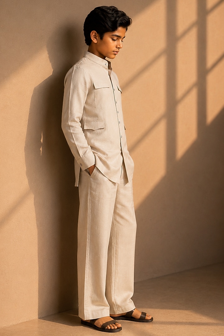Beige Linen Embroidered Co-Ord Set For Boys by Amit Arora Kids at Pernia's Pop Up Shop