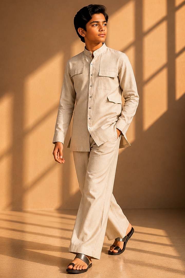 Beige Linen Embroidered Co-Ord Set For Boys by Amit Arora Kids at Pernia's Pop Up Shop
