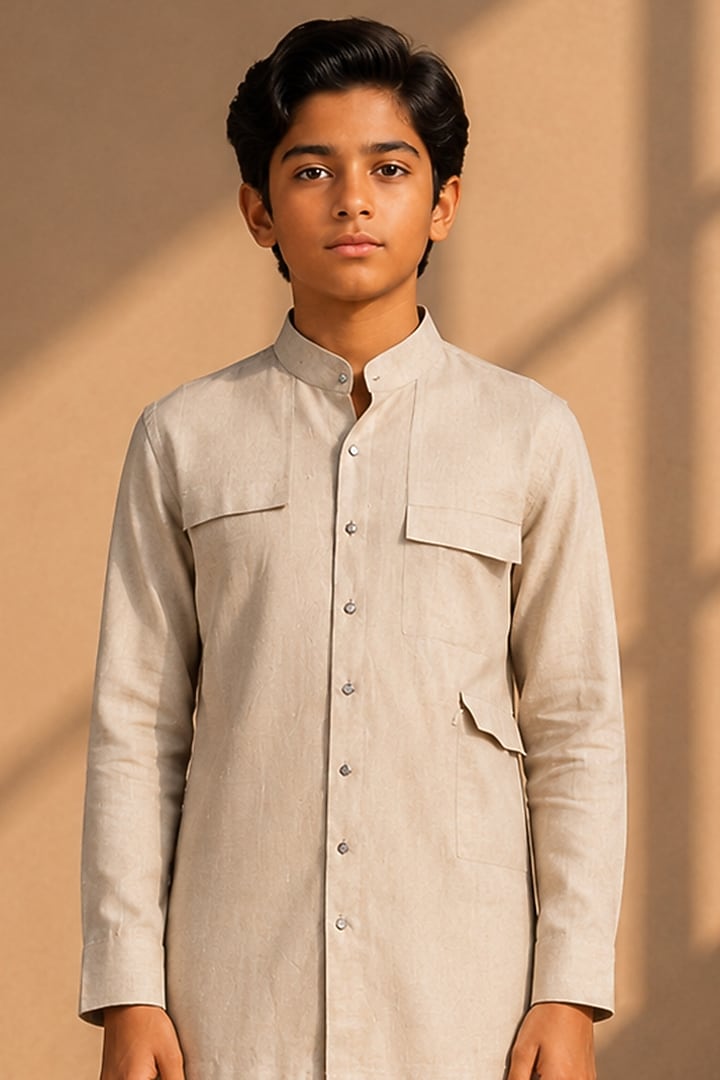 Beige Linen Embroidered Co-Ord Set For Boys by Amit Arora Kids at Pernia's Pop Up Shop