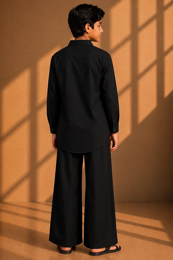 Black Crepe Thread Embroidered Co-Ord Set For Boys by Amit Arora Kids at Pernia's Pop Up Shop
