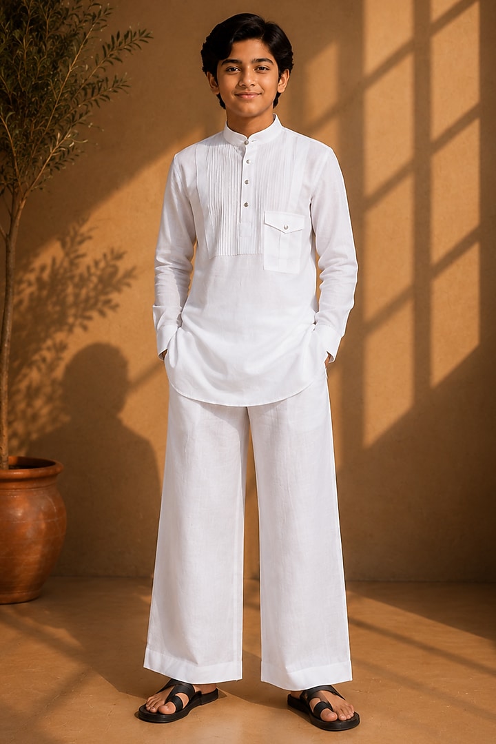 White Linen Co-Ord Set For Boys by Amit Arora Kids at Pernia's Pop Up Shop