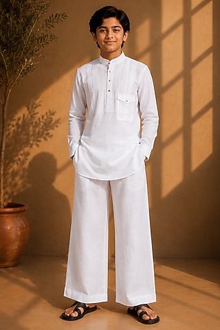 White Linen Co-Ord Set For Boys by Amit Arora Kids