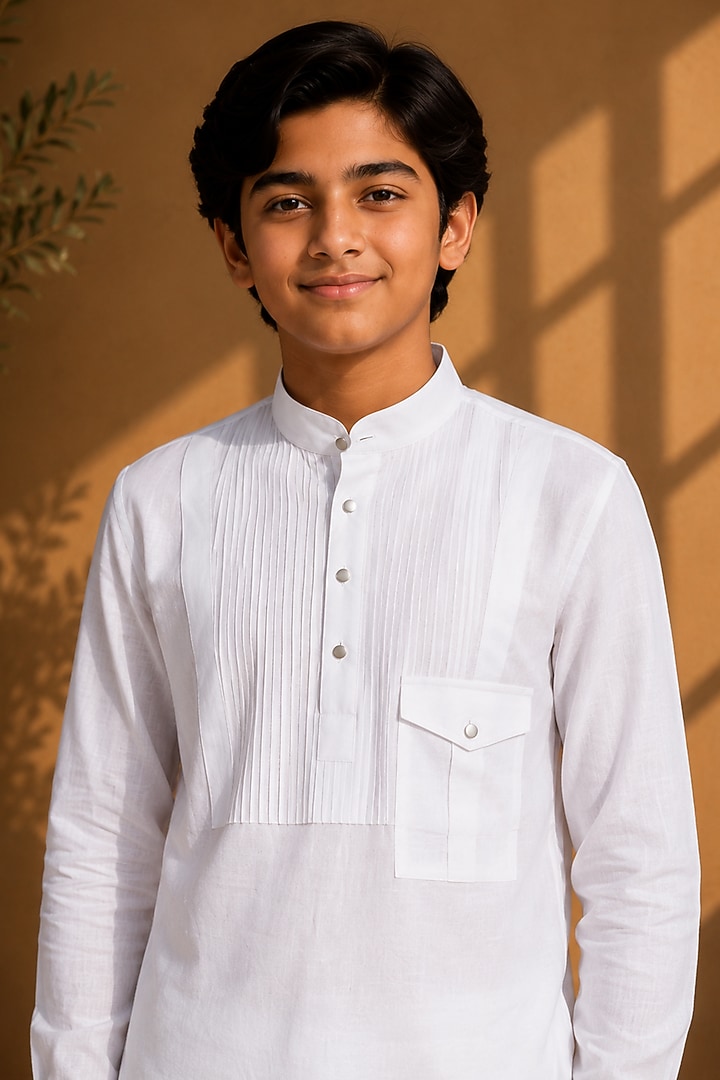 White Linen Co-Ord Set For Boys by Amit Arora Kids at Pernia's Pop Up Shop