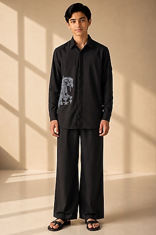 Black Crepe Thread Embroidered Co-Ord Set For Boys by Amit Arora Kids