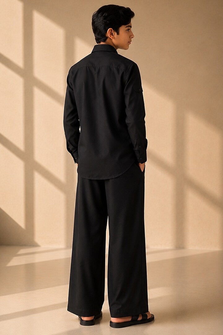 Black Crepe Thread Embroidered Co-Ord Set For Boys by Amit Arora Kids at Pernia's Pop Up Shop